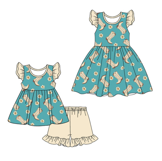 Baby Girl Short Sleeves Boots Flower Sibling Dress Set ( Moq 5 Each Style ) 12.18