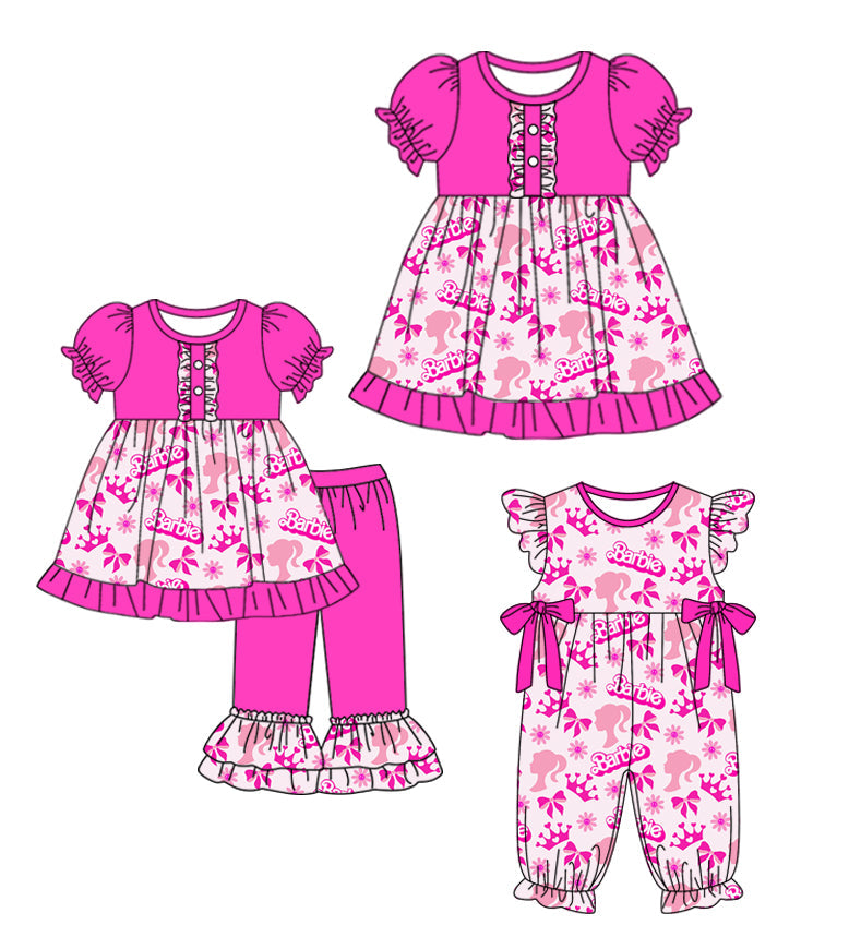 Baby Girl Short Sleeves Doll Pink Bows Sibling Romper Dress Set ( Moq 5 Each Style ) 3.12