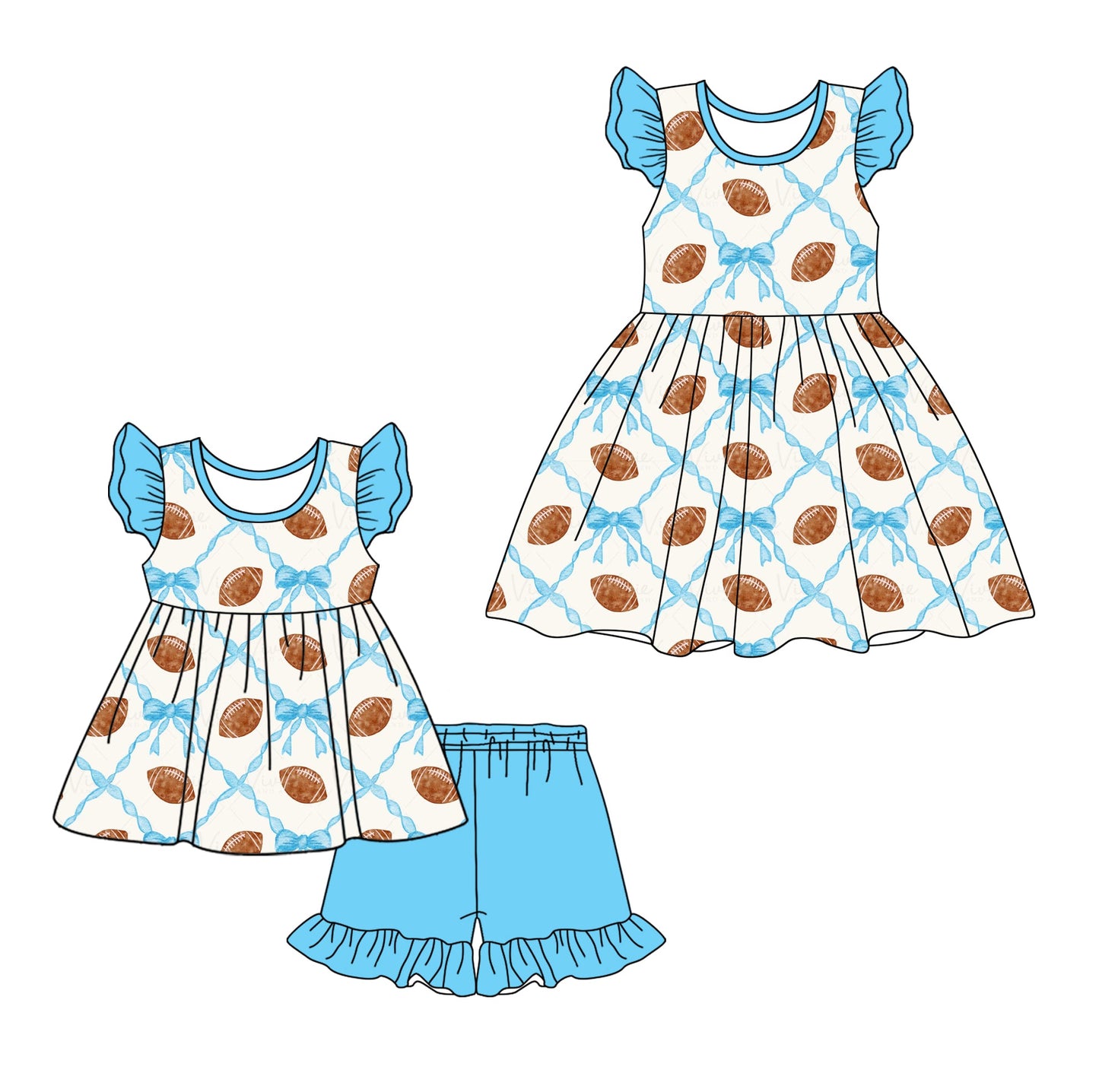 Baby Girl Short Sleeves Football Blue Bows Sibling Dress Set ( Moq 5 Each Style ) 12.27