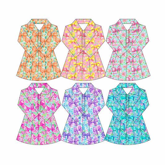 ( Moq 10 ) Baby Girl Colorful Bows Floral Long Sleeves Zipper Activity Wear Yoga Knee Length Dress