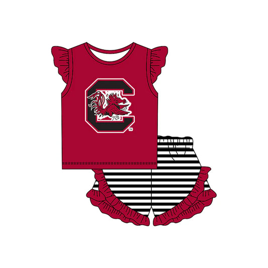 ( Moq 5 ) Baby Girls Short Sleeves Dark Red Shirt Stripes Ruffle Shorts Team Clothes Set