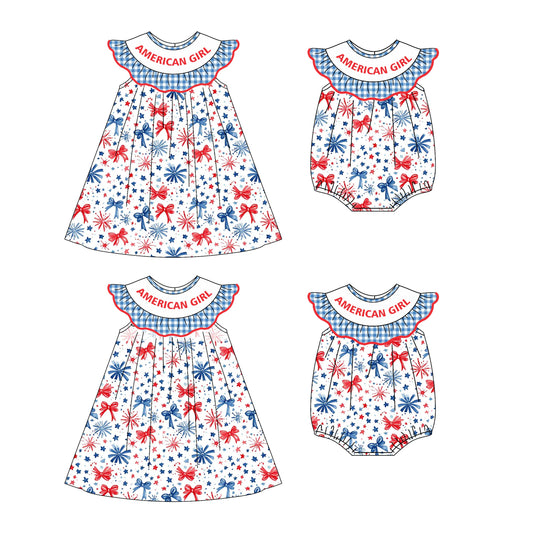 ( Moq 5 Each Style ) Baby Girl 4th Of July Bows Sibling Summer Romper Dress 4.22