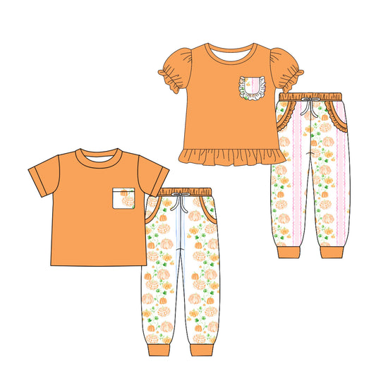 ( Moq 5 Each Style ) Baby Boy Girl Short Sleeves Pumpkin Flower Sibling Pockets Set 4.26