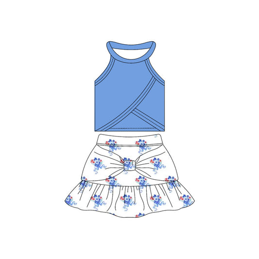( Moq 10 ) Baby Girl Sleeveless Blue Vest Flower Ruffle Shorts Skirts Activity Wear Yoga Set
