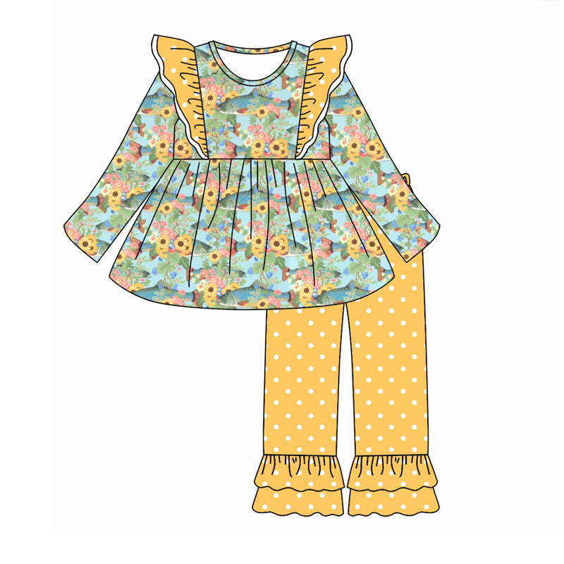 Baby Girl Long Sleeves Flower Tops Dots Yellow Pants Set