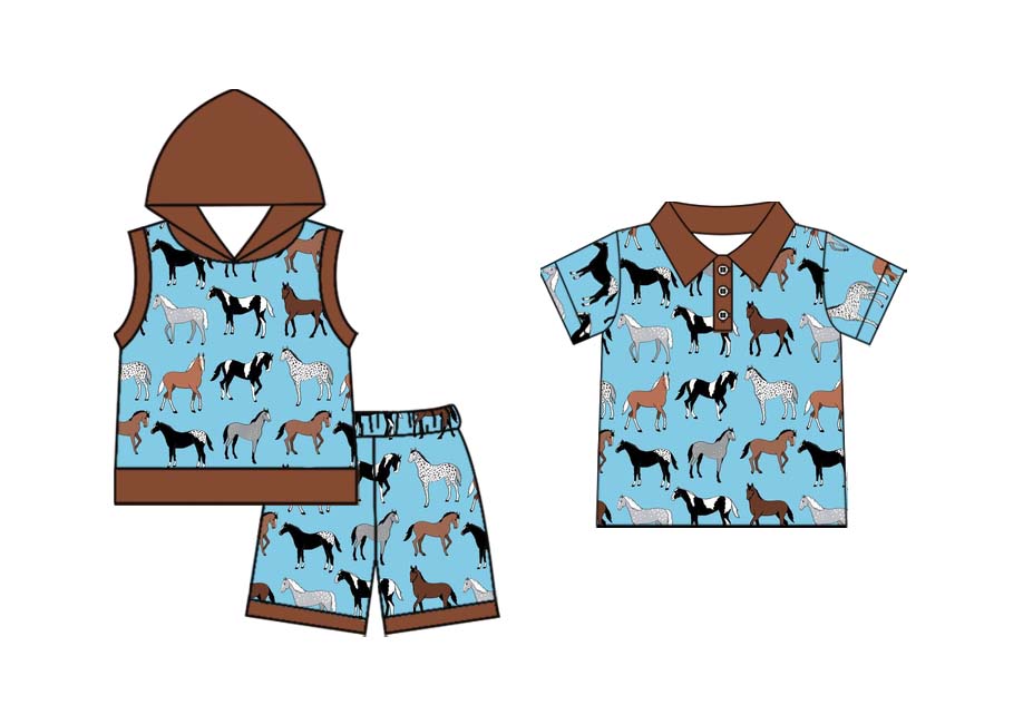Baby Boy Western Horse Summer Sibling Shirt Clothes Set ( Moq 5 Each style )