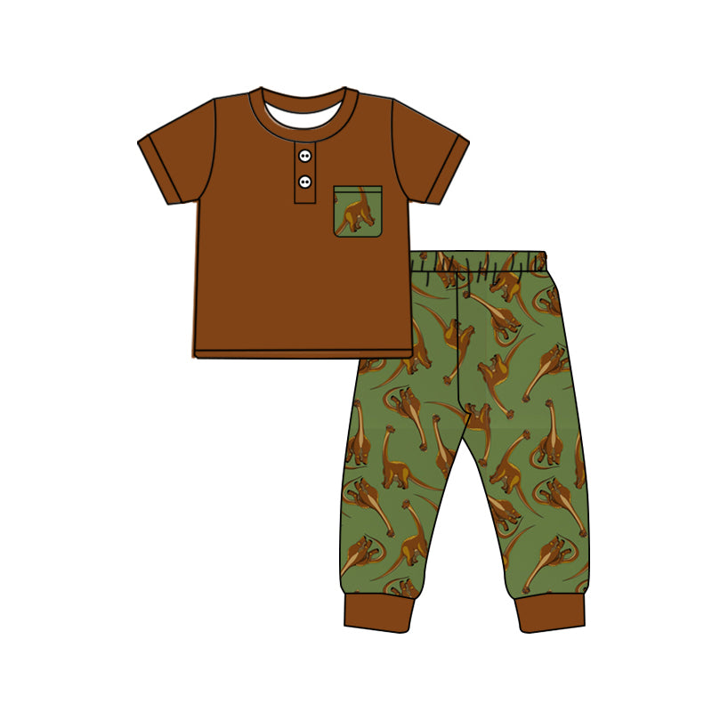 Baby Boy Toddler Short Sleeves Cotton Brown Shirt Dinosaurs Pants Set Moq 5