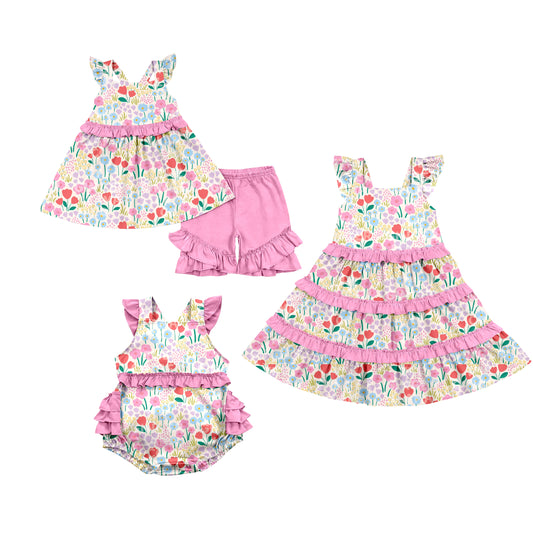 ( Moq 5 Each Style ) Baby Girls Kids Short Sleeves Flower Pink Ruffle Sibling Romper Dress Set