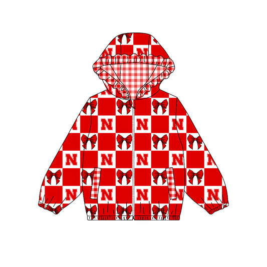 ( Moq 5 ) Custom Baby Girl Kids Pockets Zipper Hoodie Bows Team Jacket Coat Tops