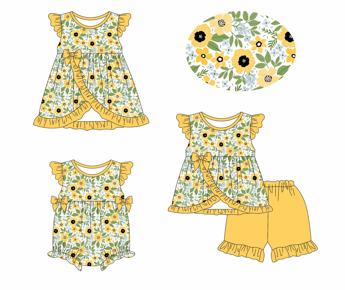 Baby Girl Flower Yellow Bows Sibling Romper Dress Set ( Moq 5 Each Style ) 1.13
