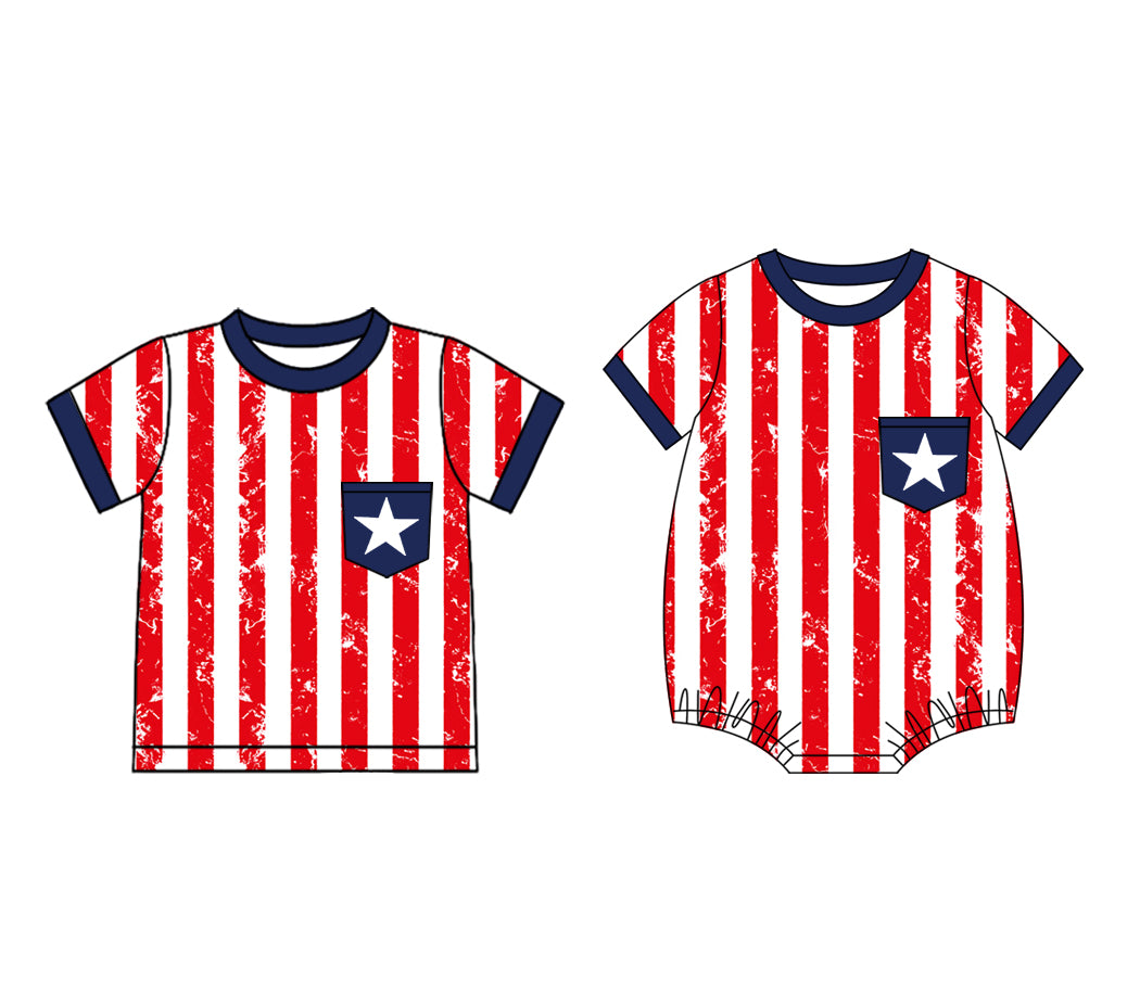( Moq 5 Each Style ) Baby Boys Kids Short Sleeves Red Stripes Stars Sibling 4th of July Romper Shirt