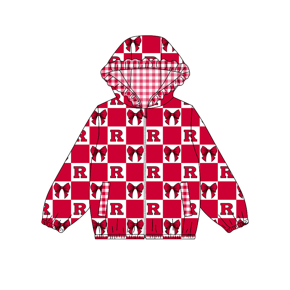 ( Moq 5 ) Custom Baby Girl Kids Pockets Zipper Hoodie Bows Team Jacket Coat Tops