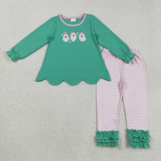 Baby Girl Green Long Sleeves Embroidery Santa Christmas Tunic Stripes Ruffle Pants Set RTS