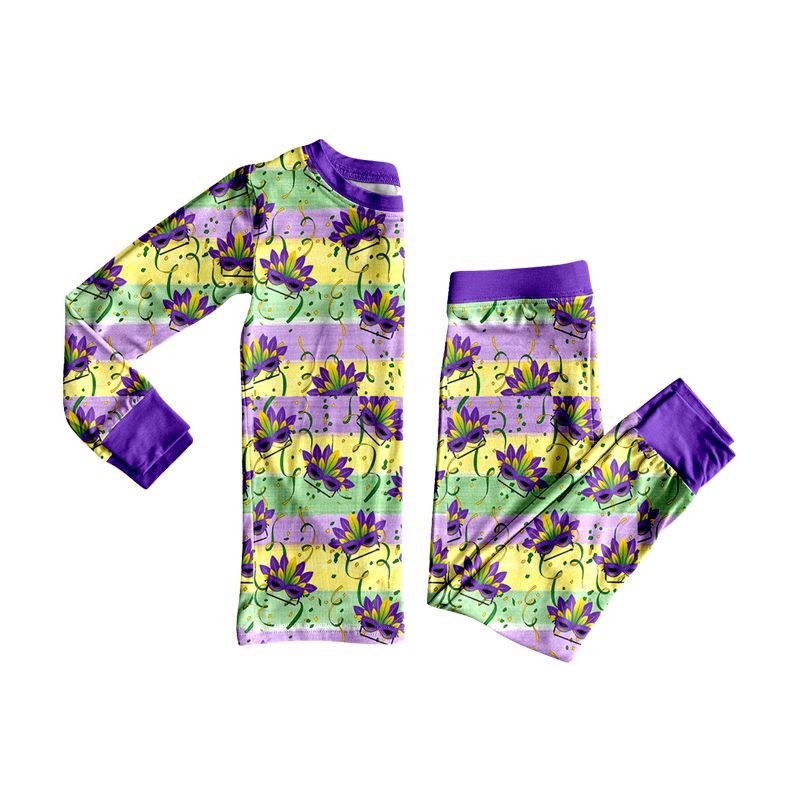 ( Moq 5 ) Preorder Baby Boys Kids Long Sleeves Masks Stripes Shirt Pants Set Pajamas Mardi Gras Clothes