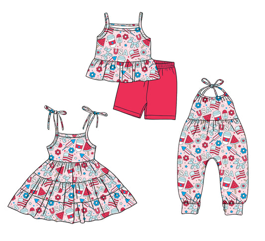 ( Moq 5 Each Style ) Baby Girls Kids Flags Flower Sibling 4th of July Dress Set Jumpsuit