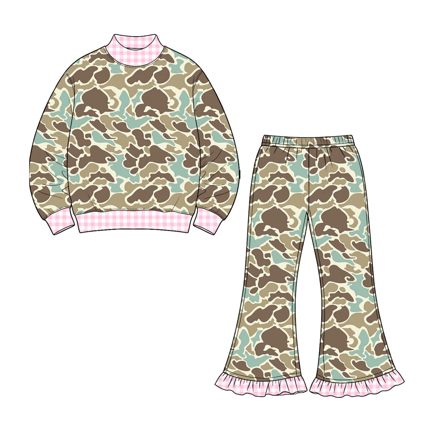 ( Moq 5 ) Preorder Baby Girls Kids Long Sleeves Plaid Pullover Camo Bell Pants Set Clothes