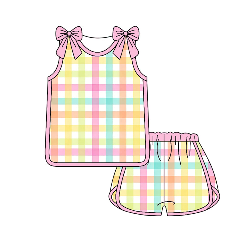 ( Moq 5 ) Preorder Baby Girl Kids Pink Bows Sleeveless Plaid Tops Shorts Set Summer Clothes