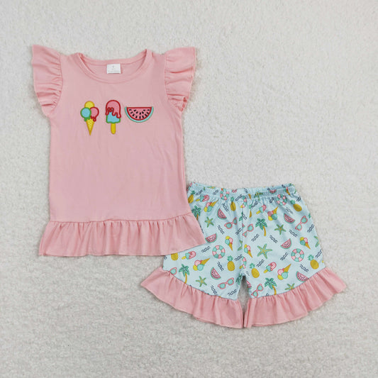 GSSO0509 Baby Girl Short Sleeves Embroidery Watermelon Popstick Shirt Shorts Set