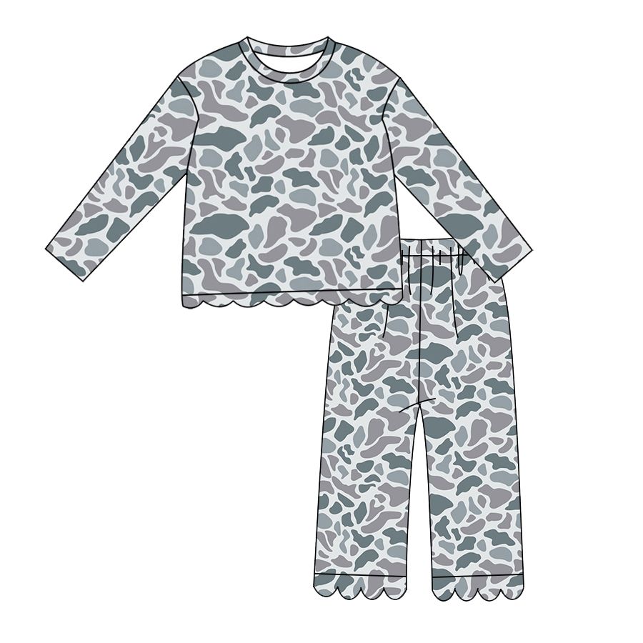 ( Moq 5 ) Preorder Baby Girls Kids Long Sleeves Grey Camo Shirt Pants Scallop Set Clothes