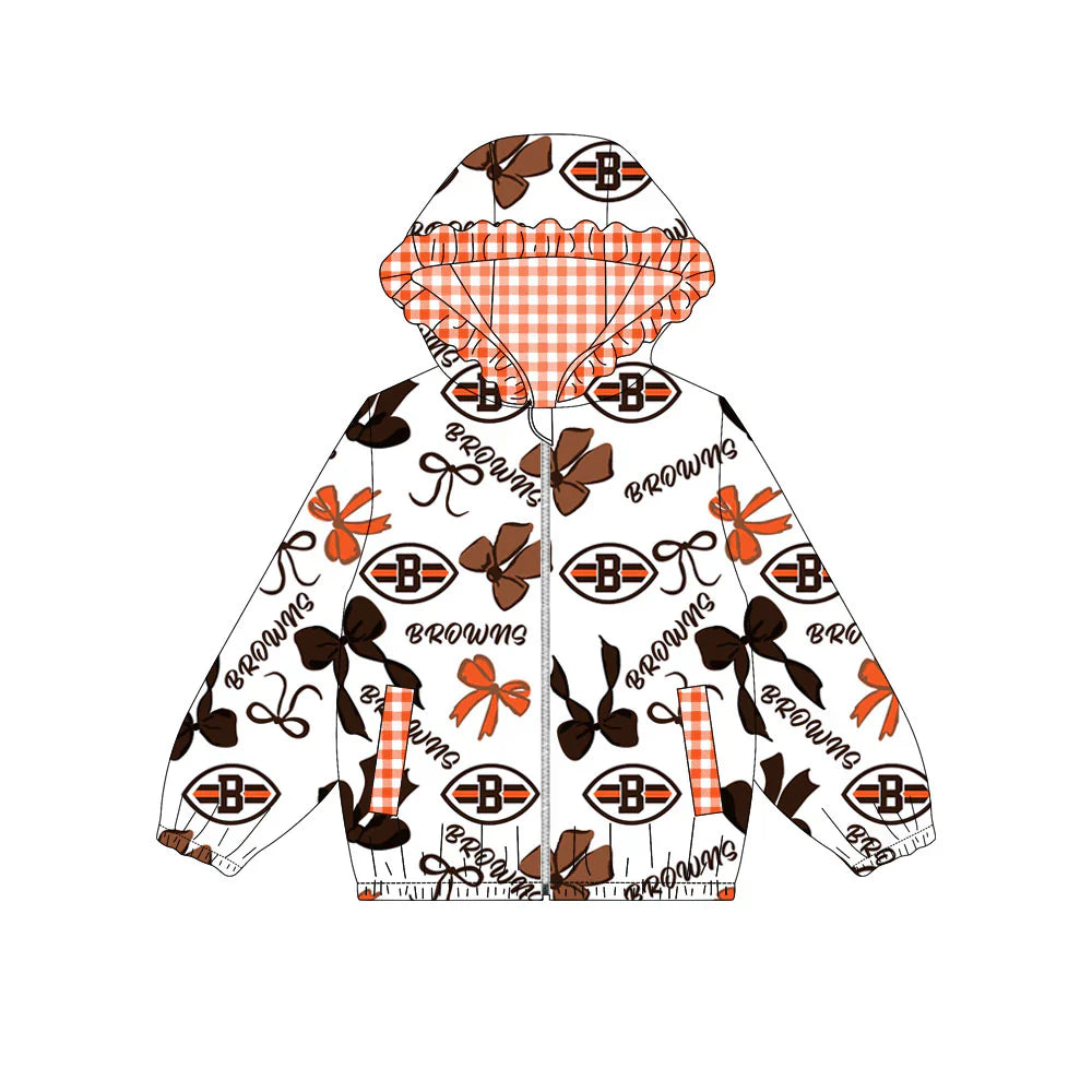 ( Moq 5 ) Baby Girls Kids Bows Cheer Pockets Checked Hoodie Zipper Team Jacket Tops