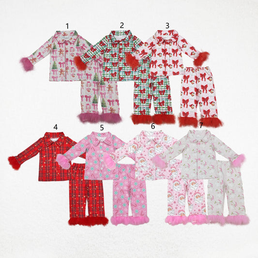 Sibling Baby Girls Long Sleeves With Fur Santa Trees Plaid Buttons Top Pants Pajamas Sets