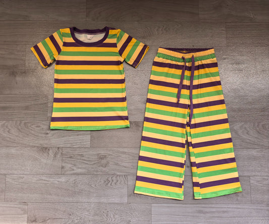 ( No moq ) Preorder Baby Girls Kids Short Sleeves Stripes Shirt Pants Set Mardi Gras Clothes