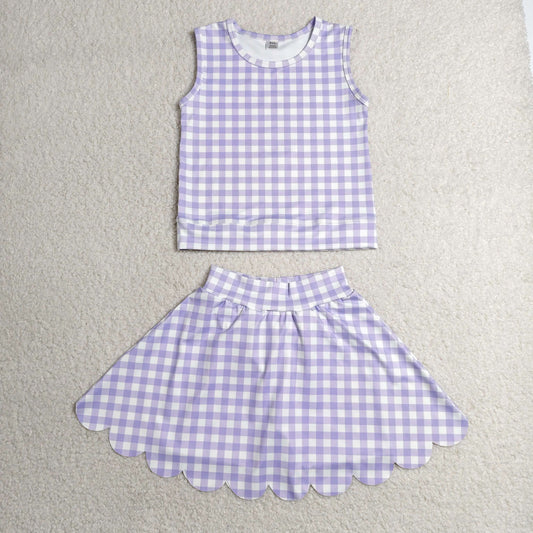 Baby Girls Kids Purple Plaid Shirt Scallop Skirt Shorts Yoga Active Set Clothes RTS