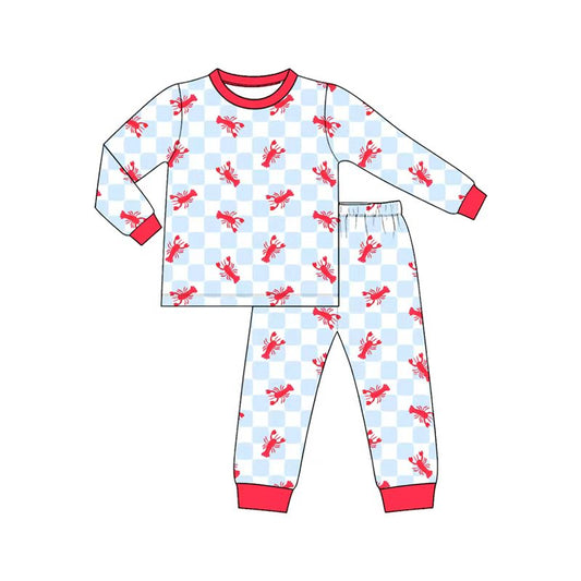( Moq 5 ) Preorder Baby Boys Kids Long Sleeves Crayfish Plaid Shirt Pants Set Pajamas Clothes