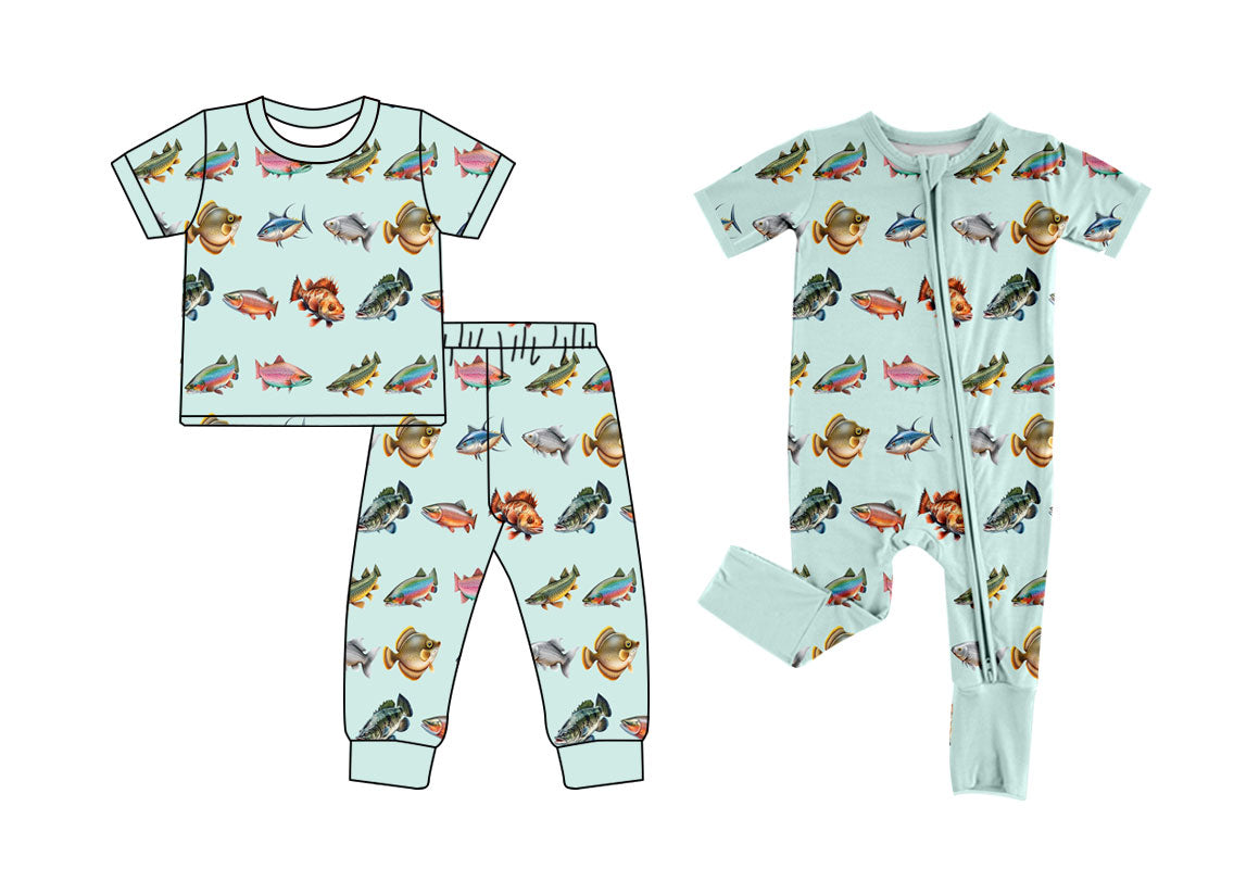 ( Moq 5 Each Style ) Boys Kids Short Sleeves Fish Sibling Zipper Romper Set