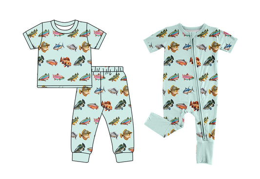 ( Moq 5 Each Style ) Boys Kids Short Sleeves Fish Sibling Zipper Romper Set