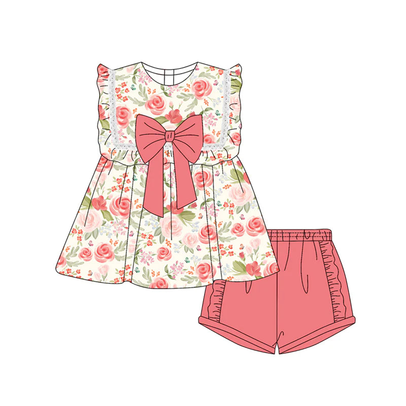 Baby Girl Sleeveless Peach Floral Tunic Ruffle Shorts Set ( Moq 5 )