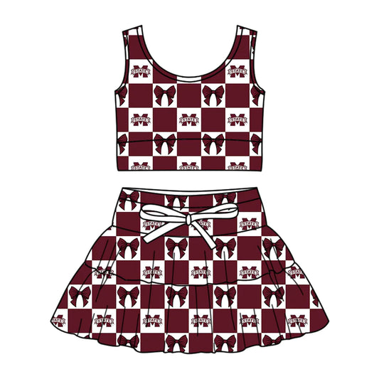 ( Moq 5 Each Style ) Baby Girls Kids Toddler M State Bows Plaid Tops Shorts Skirt Team Set