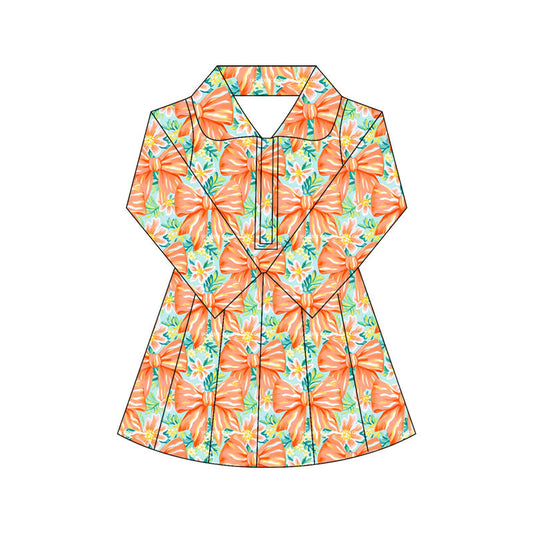 ( Moq 10 )Baby Girl Orange Bows Floral Long Sleeves Zipper Activity Wear Yoga Knee Length Dress