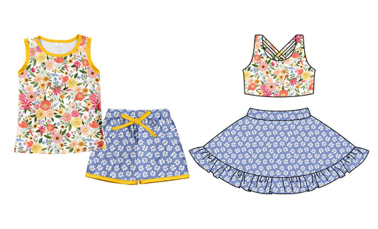 Baby Girl Sleeveless Flower Sibling Blue Shorts Skirt Set ( Moq 5 Each Style ) 2.27