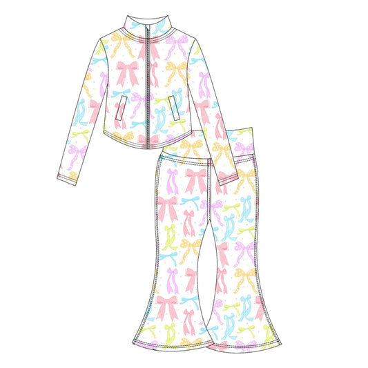 ( Moq 10 ) Baby Girl Colorful Bows Long Sleeves Flowers Plaid Pockets Zipper Pants Activity Wear Yoga Set