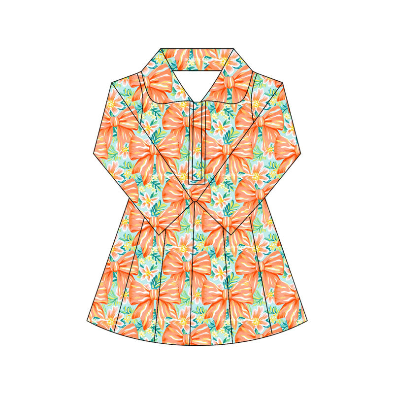 ( Moq 10 ) Baby Girl Colorful Bows Floral Long Sleeves Zipper Activity Wear Yoga Knee Length Dress