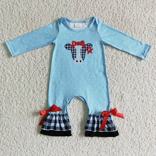 Promotion Baby Girl Blue Long Sleeves Cow Plaid Ruffle Western Romper