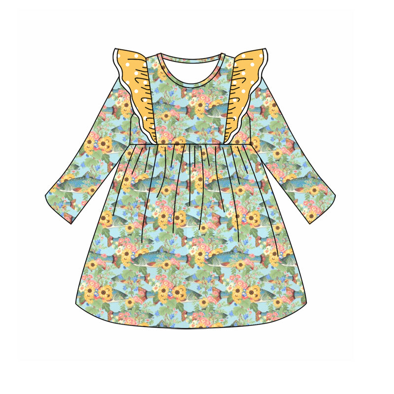 Baby Girl Long Sleeves Yellow Flower Ruffle Dress