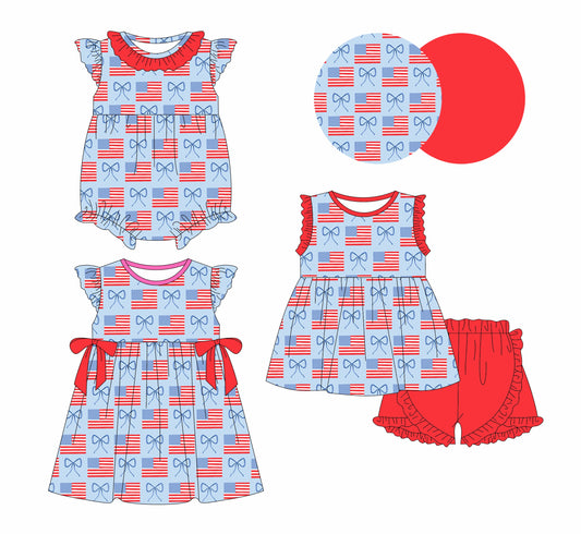 Baby Girl July 4th Flags Bows Sibling Romper Dress Set ( Moq 5 Each Style ) 1.2