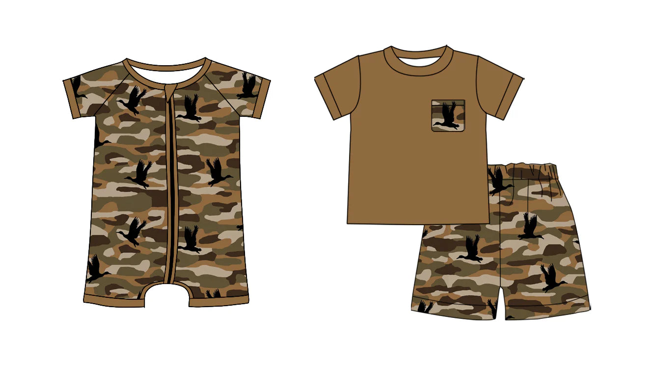 ( Moq 5 Each Style ) Baby Boys Short Sleeves Ducks Camo Print Sibling Zipper Romper Set