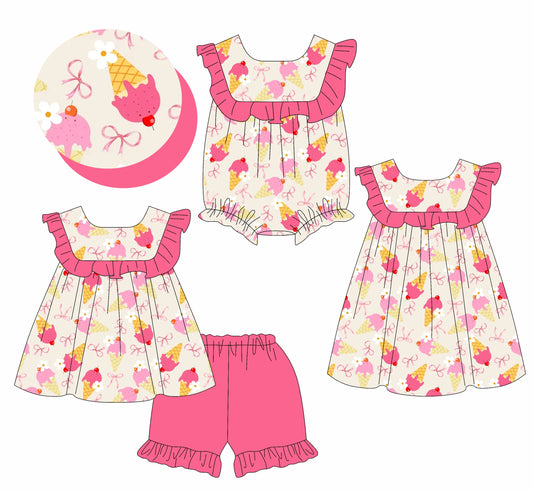 ( Moq 5 Each Style ) Baby Girl Ice Cream Flower Sibling Romper Dress Set 4.18