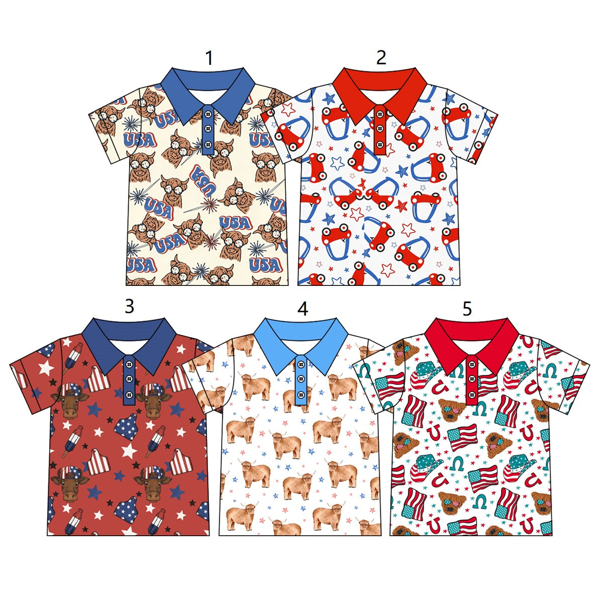 ( Moq 5 Each Style ) Sibling Baby Boys Kids Short Sleeves Western Cow Polo Shirts 4th of July Tops