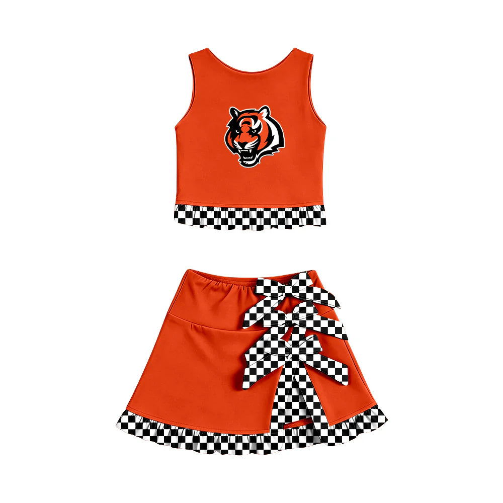 ( Moq 5 ) Sibling Baby Girls Kids Sleeveless Cheer Tiger Vest Checked Bows Skirt Shorts Team Set Clothes