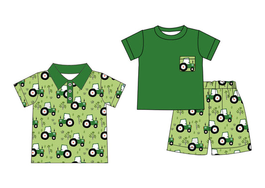( Moq 5 Each Style ) Baby Boy Short Sleeves Tractors Farm Sibling Green Shirt Set 3.31