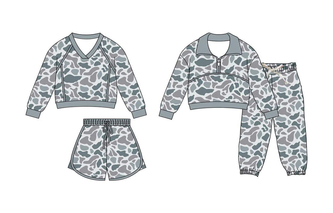 ( Moq 5 Each Style ) Sibling Baby Boys Girls Grey Camo Long Sleeves Zipper Shirt Shorts Pants Sets
