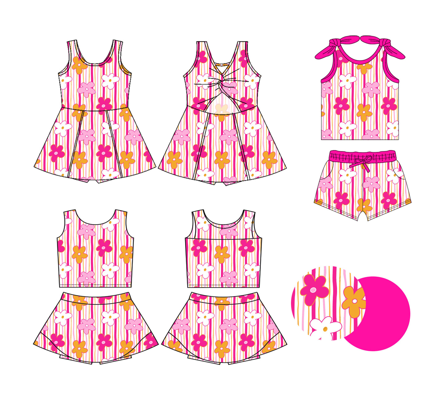 ( Moq 5 Each Style ) Baby Girls Kids Sleeveless Flower Stripes Sibling Pink Dress Sets