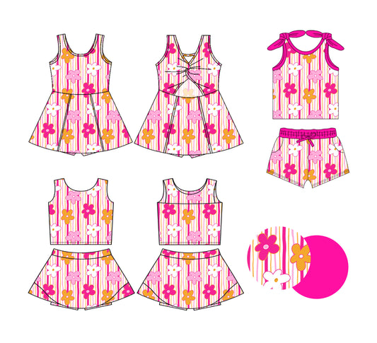 ( Moq 5 Each Style ) Baby Girls Kids Sleeveless Flower Stripes Sibling Pink Dress Sets