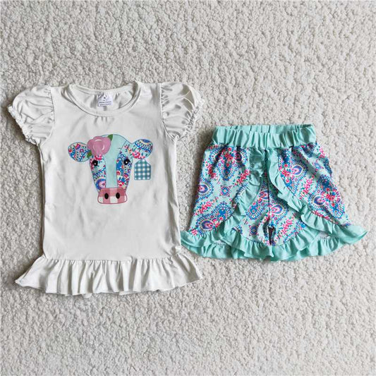 A4-12 Baby Girl Short Sleeves Cow Shirt Ruffle Shorts Western Set
