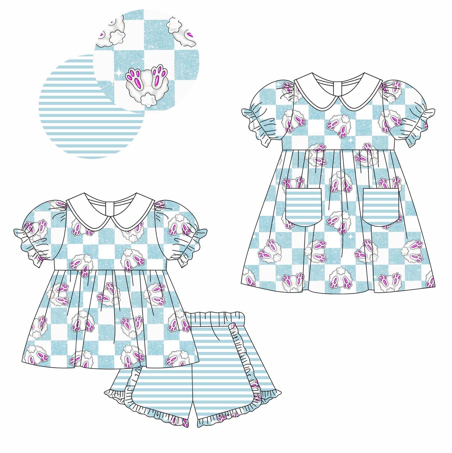 Baby Girl Short Sleeves Easter Rabbits Sibling Dress Clothes Set ( Moq 5 Each Design ) 12.3