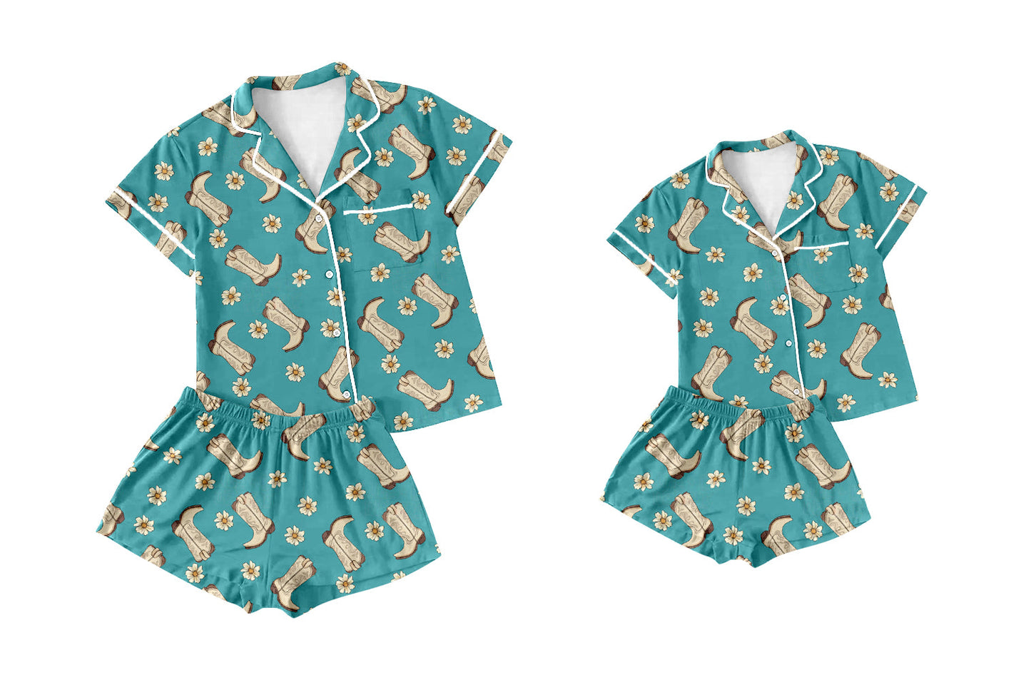 Baby Girl Toddler Adult Women Short Sleeves Western Boots Flower Shorts Sibling Family Shorts Pajamas Set ( Moq 5 Each Style ) 12.18